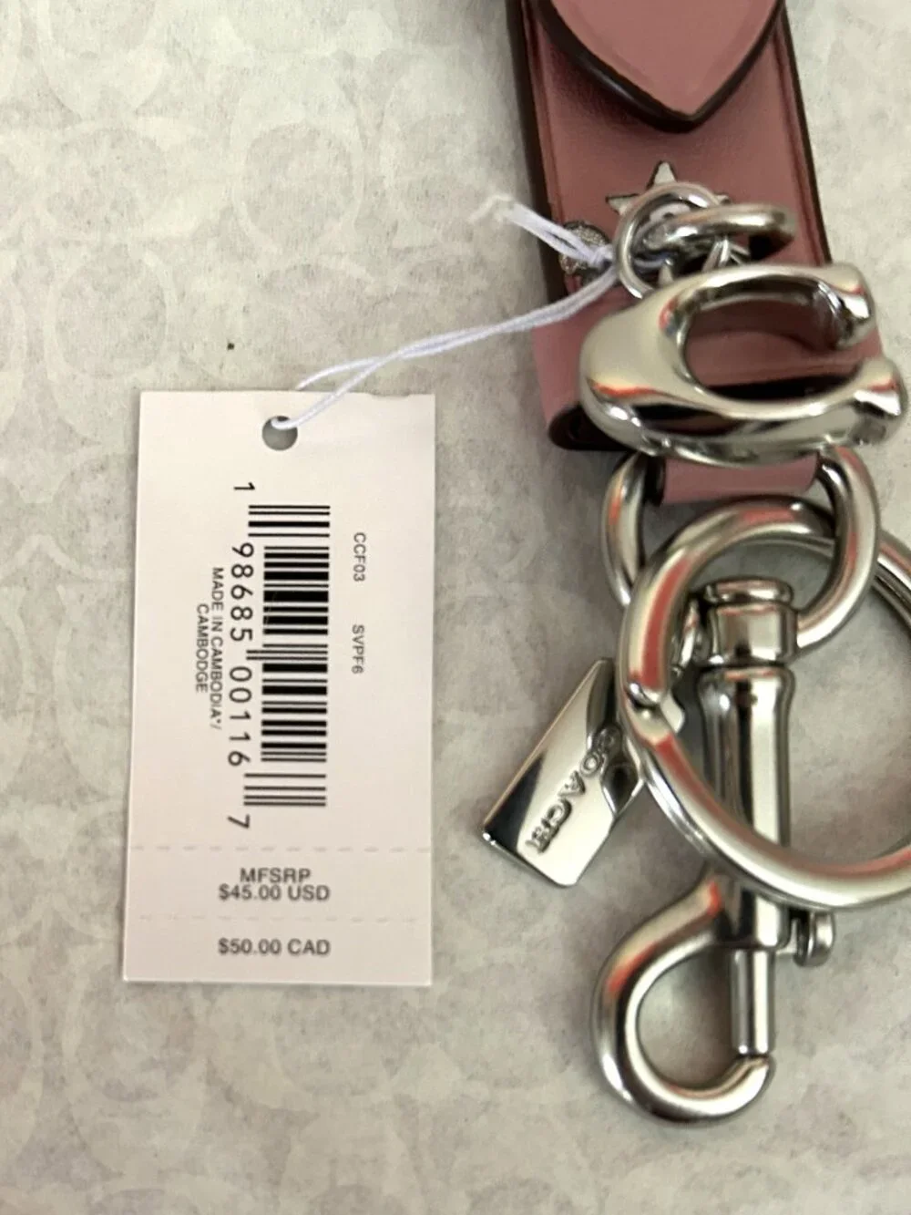 NWT Coach Pink Star Print Trigger Snap Key Ring, CCF03